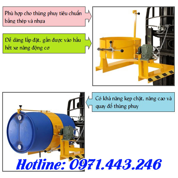 Bộ xoay thùng phuy cho xe nâng động cơ